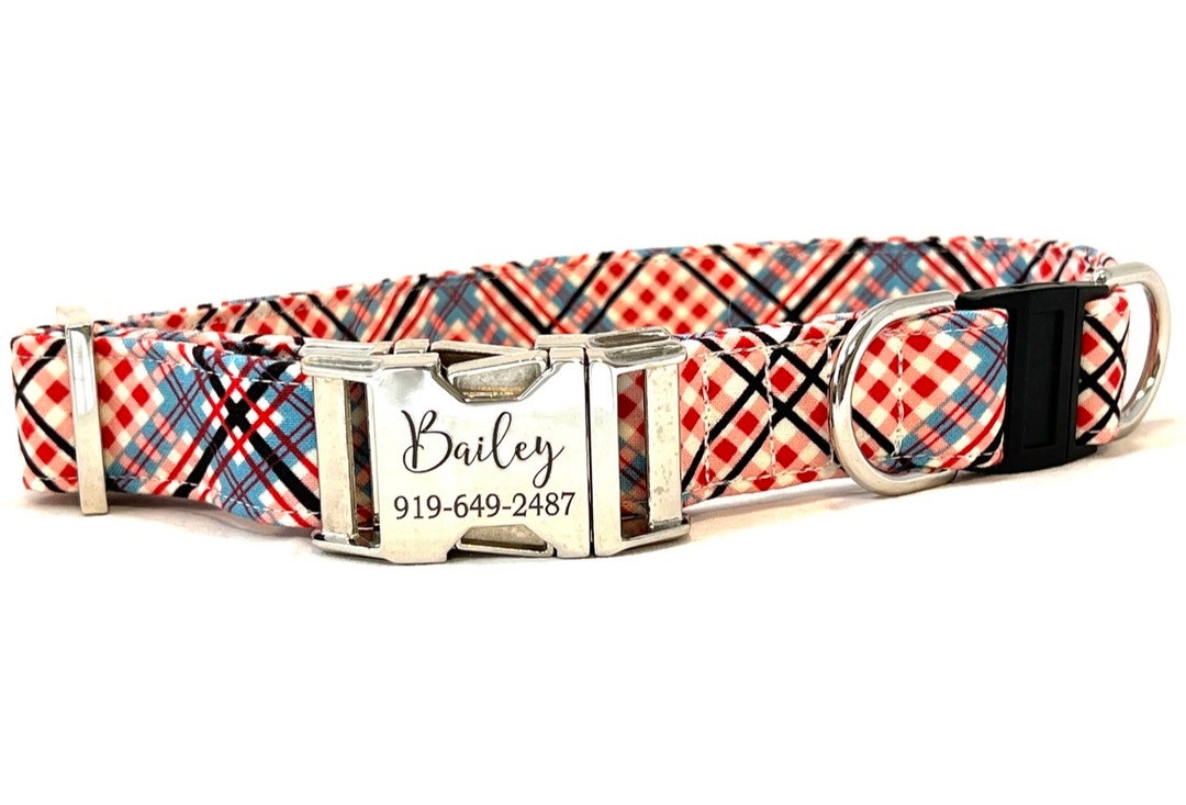 Personalized BREAKAWAY Dog Collar Laser Engraved Buckle Red, Blue Plaid