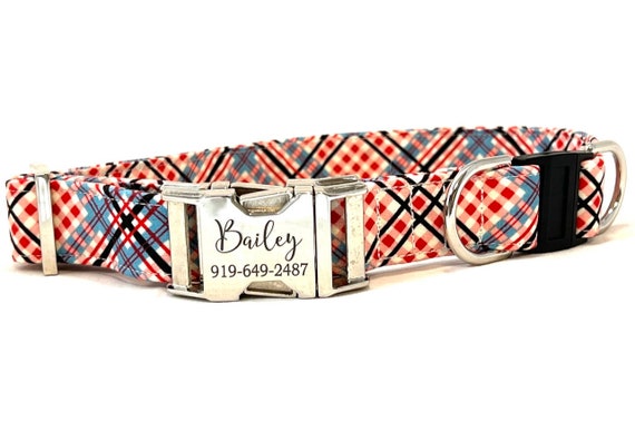 Personalized BREAKAWAY Dog Collar - Laser Engraved Buckle - Red, Blue Plaid
