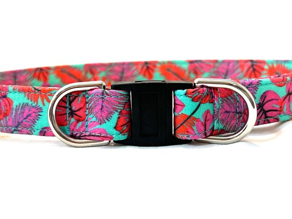 BREAKAWAY Dog Collar for Boy, Girl - Safety - Hot Pink Tropical Leaves