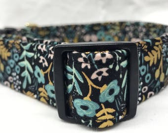 Rifle Paper Co. Dog Collar - Teal and Metallic Gold Flowers