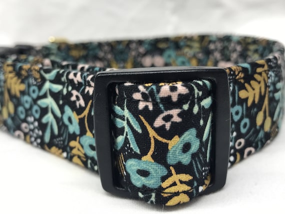 Rifle Paper Co. Dog Collar - Teal and Metallic Gold Flowers