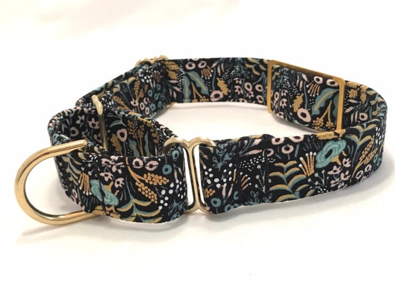 Gift for Dog - Rifle Paper Co. Martingale Dog Collar - Personalized ID Tag - Teal and Gold Flowers