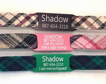 Personalized Breakaway Cat Collar - Fall Plaids - Slide-On Engraved ID Tag