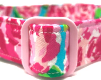 Dog Collar for Girl - Preppy Floral - Pink Aqua Roses