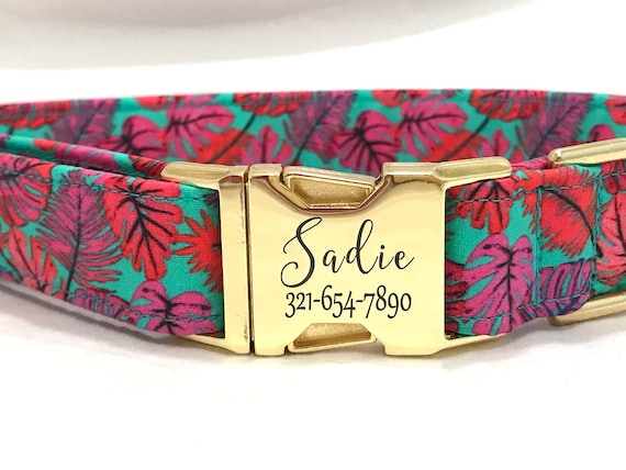 Personalized Dog Collar - Laser Engraved Buckle - Hot Pink Tropical Leaves