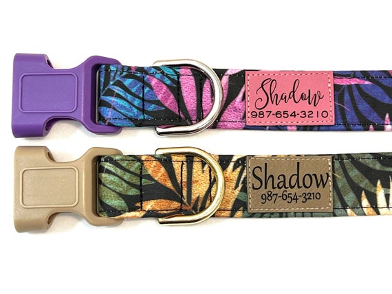 Personalized Dog Collar for Girl, Boy - Engraved ID Tag - Pleather Name Patch - 1.5", 1", 3/4" - Tropical Jungle Leaves