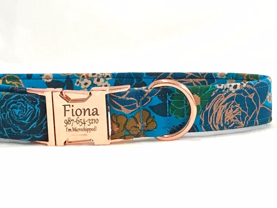 Personalized Dog Collar for Boy, Girl - Laser Engraved Buckle - Rose Gold and Blue Flowers