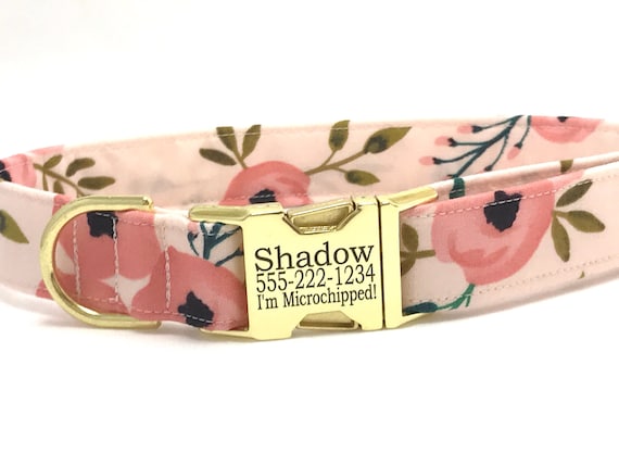 Dog Collar for Girl - Personalized Engraved Buckle - Peach and Pink Flowers