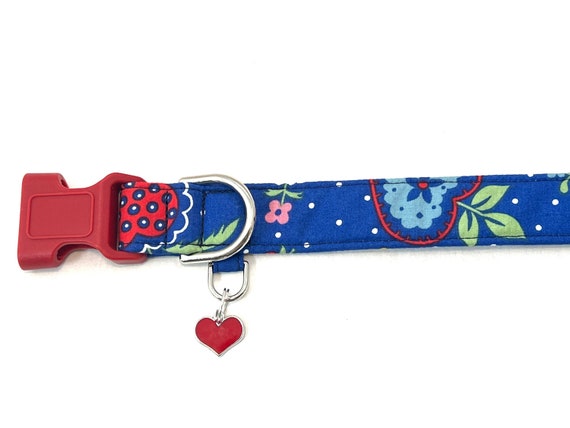 Blue Valentines Day Dog Collar for Boy, Girl with Extra D-Ring and Enamel Heart Charm