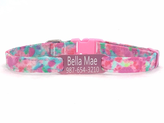 Personalized Cat Collar with Slide On ID Tag - Breakaway - Tropical Pink Watercolor