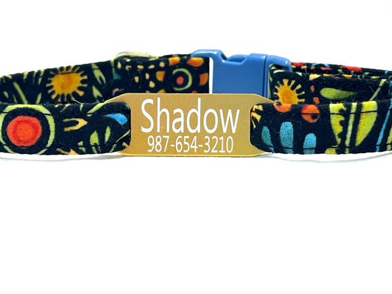 Personalized Cat Collar for Boy, Girl- Black Folk Floral - Slide-On ID Tag - Breakaway