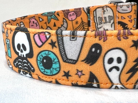 Halloween Dog Collar for Girl, Boy - Skeletons, Ghosts, Candy Corn - Orange