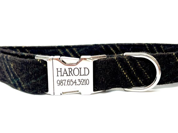 Wool Plaid Personalized Dog Collar for Boy with Laser Engraved Buckle