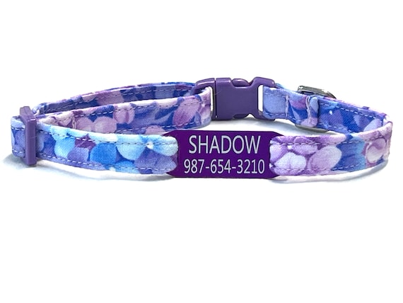 Personalized Cat Collar for Boy, Girl- Purple Blue Hydrangeas- Slide-On ID Tag - Breakaway