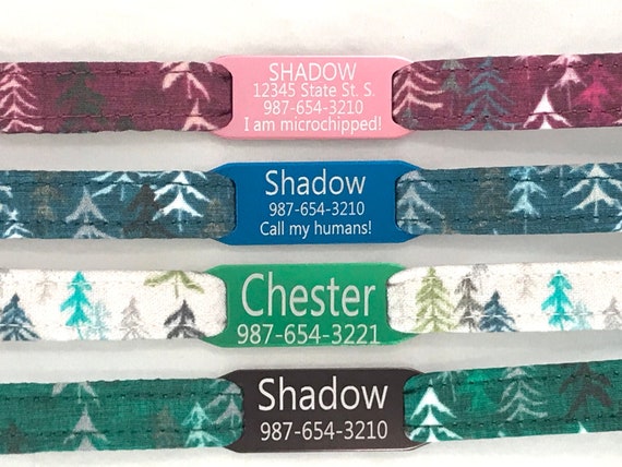 Trees Cat Collar - Personalized Slide-On Engraved ID Tag - 3/8" - Breakaway - Tranquil Autumn Forest - Burgundy -Green