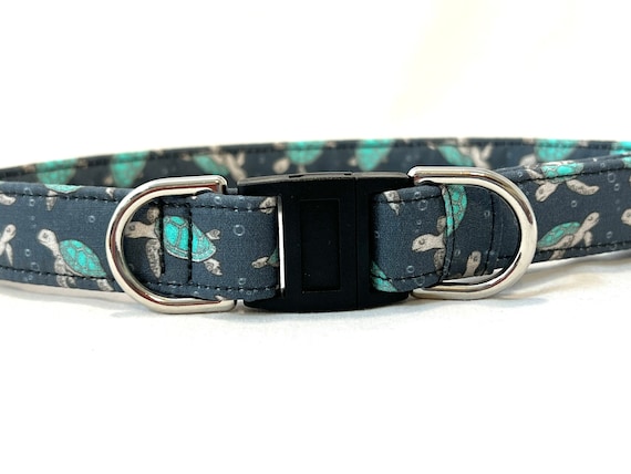 BREAKAWAY Dog Collar for Boy, Girl - Safety - Sea Turtles Small Scale, Navy Blue Background
