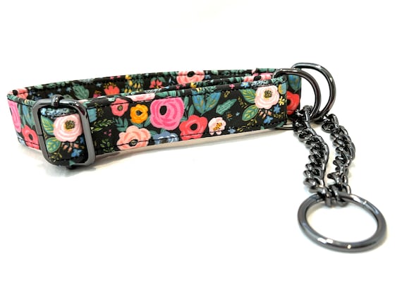 Chain Martingale Dog Collar 1" Wide - Rose Gold, Antique Brass, Gunmetal -Retro Flowers Black