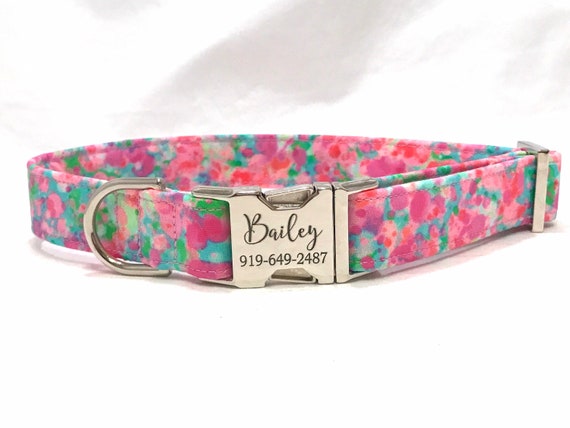 Personalized Dog Collar - Laser Engraved Buckle - Tropical Pink Watercolor
