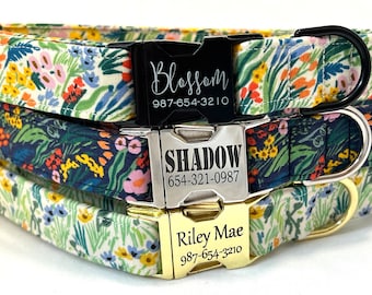 Personalized Rifle Paper Co Dog Collar for Boy, Girl - Engraved Buckle - Breezy Meadow Flowers