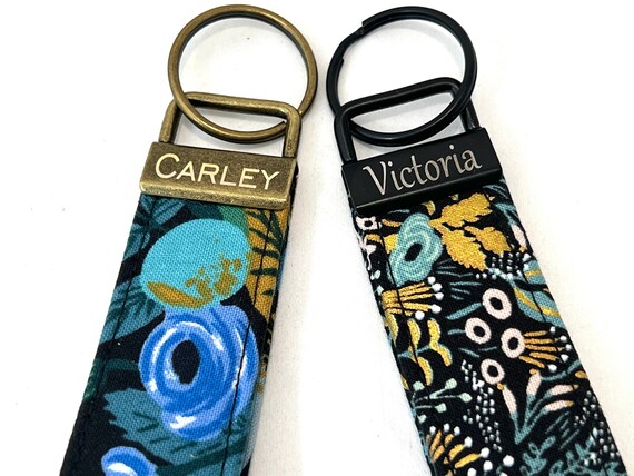 Rifle Paper Co. Personalized Key Fob - Engraved Name - Gold and Blue Florals  - Personalized Gift for Her