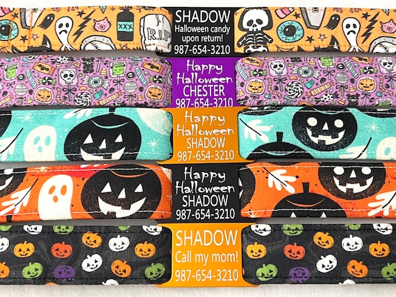 Halloween Dog Collar - Personalized Slide On ID Tag -  Pumpkins, Skeletons, Ghosts, Trick-or-Treat Candy