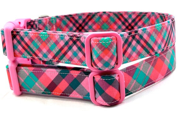Preppy Pink and Green Plaid Dog Collar for Girl