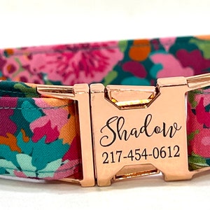 Personalized Dog Collar for Girl - Laser Engraved Buckle - Abstract Teal Magenta Floral