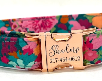 Personalized Dog Collar for Girl - Laser Engraved Buckle - Abstract Teal Magenta Floral