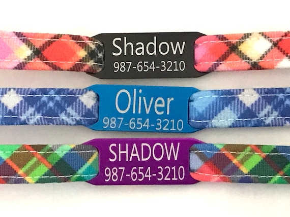 Personalized Breakaway Cat Collar - Tropical Plaid - Slide-On Engraved ID Tag
