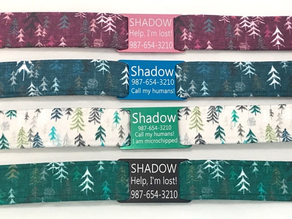 Trees Dog Collar - Personalized Slide On ID Tag -  Tranquil Autumn Forest -Burgundy - Green