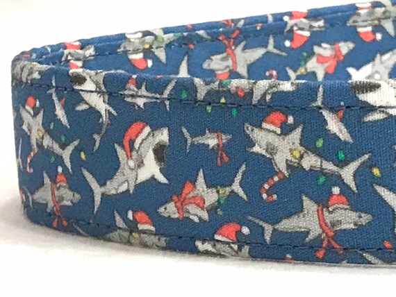 Christmas Dog Collar for Boy, Girl - Sharks Wearing Santa Hats - Dark Blue