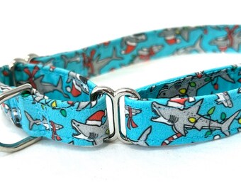 Christmas Martingale Dog Collar - Sharks Wearing Santa Hats Aqua