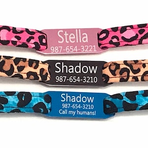 Personalized Breakaway Cat Collar - Pink, Brown, Blue Leopard, Cheetah Print - Slide-On Engraved ID Tag
