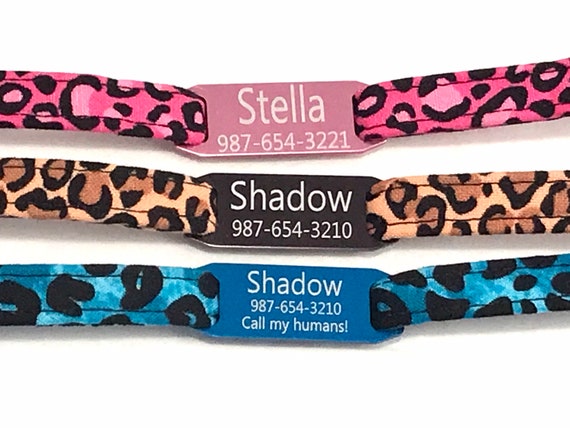 Personalized Breakaway Cat Collar - Pink, Brown, Blue Leopard, Cheetah Print - Slide-On Engraved ID Tag