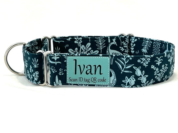 Personalized Rifle Paper Martingale Dog Collar With Pleather Name Patch - Toile Print- Engraved ID