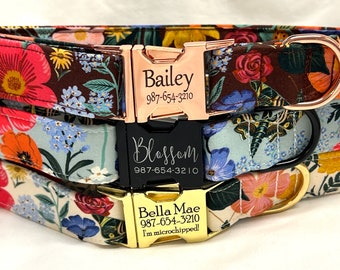 Personalized Rifle Paper Co Dog Collar for Boy, Girl - Engraved Buckle - Summer Blooms