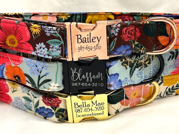 Personalized Rifle Paper Co Dog Collar for Boy, Girl - Engraved Buckle - Summer Blooms