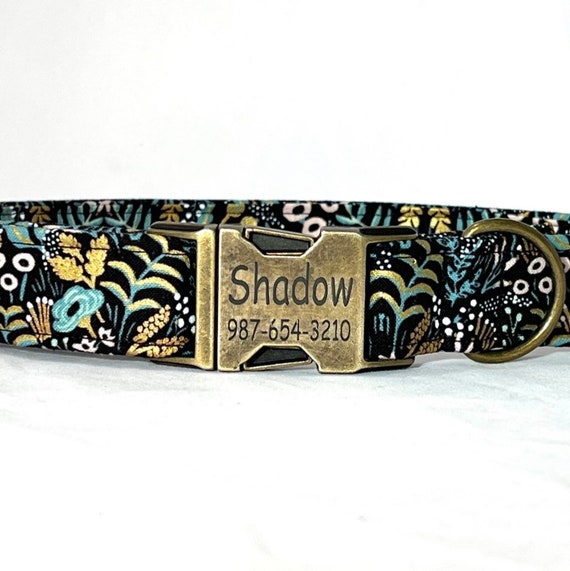 Rifle Paper Co Personalized Dog Collar - Laser Engraved Antique Brass Buckle - Teal and Gold Flowers