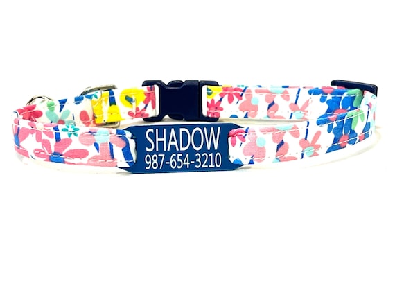Personalized Cat Collar with Slide On ID Tag - Breakaway - Blue Meadow Flowers