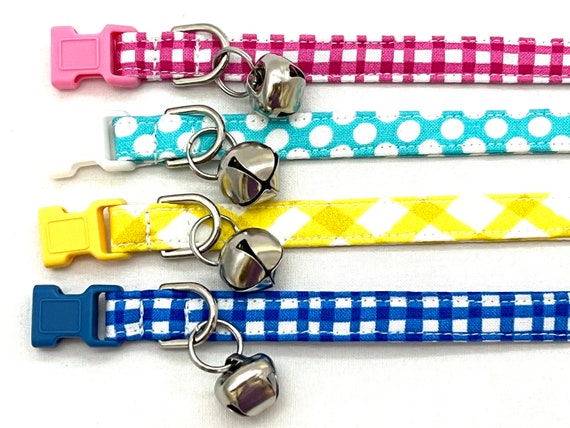 Cat Collar with Bell - 3/8" Breakaway - Colorful Checks, Dots and Plaids - Blue - Pink - Yellow - Aqua