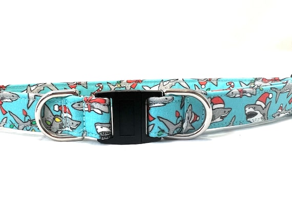 Christmas BREAKAWAY Dog Collar for Boy, Girl - Sharks Wearing Santa Hats - Safety