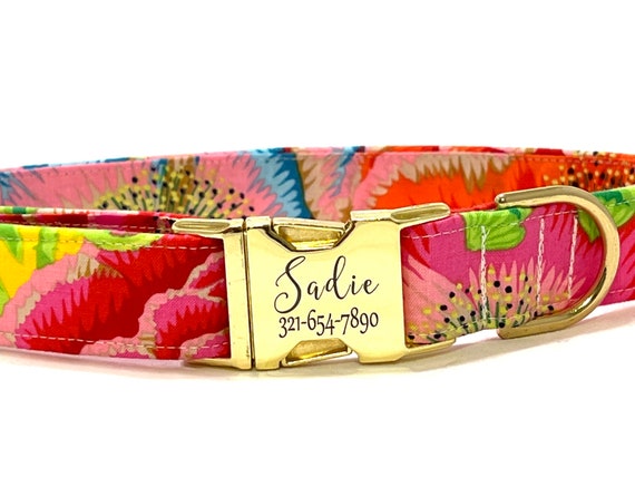 Personalized Dog Collar - Laser Engraved Buckle - Hot Summer Flowers