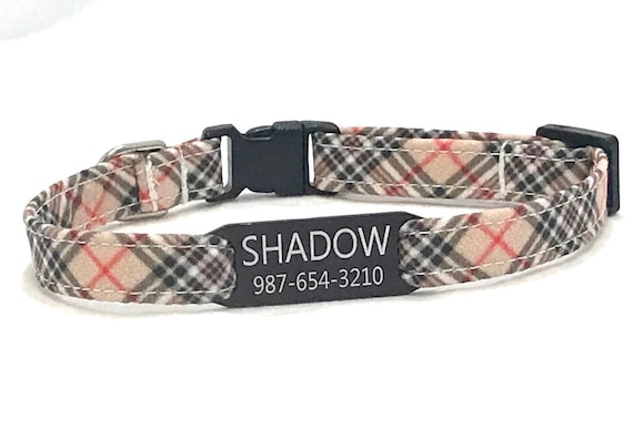 Plaid Cat Collar - Personalized Slide-On ID Tag - Breakaway - Tan, Red, Black