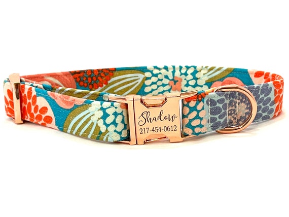 Rose Gold Personalized Dog Collar - Laser Engraved Buckle - Modern Peach, Aqua Flowers