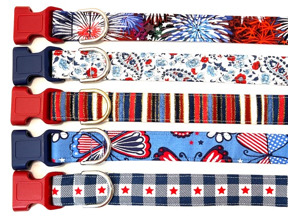 Patriotic Red White Blue Dog Collar for Girl, Boy- Fireworks, Stripes