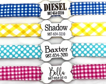 Personalized Dog Collar - Engraved Slide-On Bone-Shaped ID Tag - Colorful Checks, Dots and Plaids - Blue - Pink - Yellow - Aqua