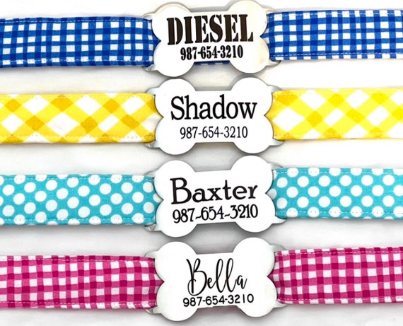 Personalized Dog Collar - Engraved Slide-On Bone-Shaped ID Tag - Colorful Checks, Dots and Plaids - Blue - Pink - Yellow - Aqua