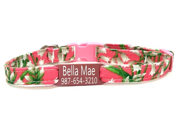 Girl Cat Collar Personalized Breakaway - Slide-On ID Tag - Tiny White Flowers on Pink