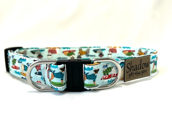 Personalized BREAKAWAY Dog Collar with Engraved Pleather Name Patch - Surfing Dogs or Pick a Fabric