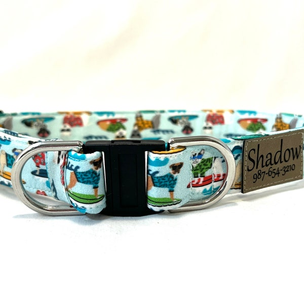 Personalized BREAKAWAY Dog Collar with Engraved Pleather Name Patch - Surfing Dogs or Pick a Fabric